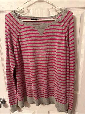 a.n.a Striped Scoop Neck Sweater - Gray & Hot Pink